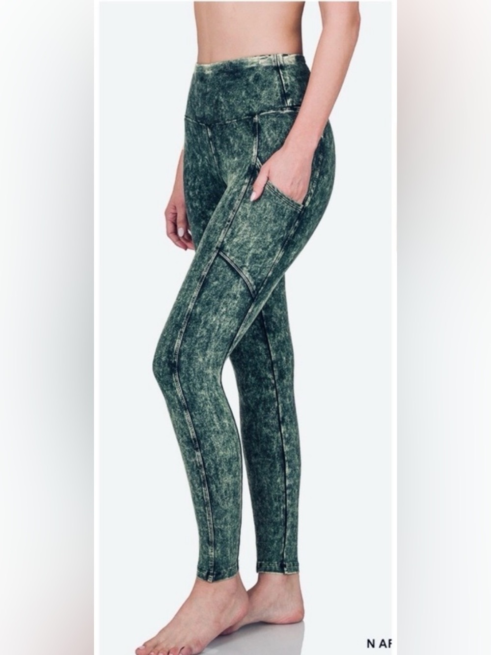 Zenana Mineral Wash Wide Waistband Full Length Leggings in Army Green, NWOT